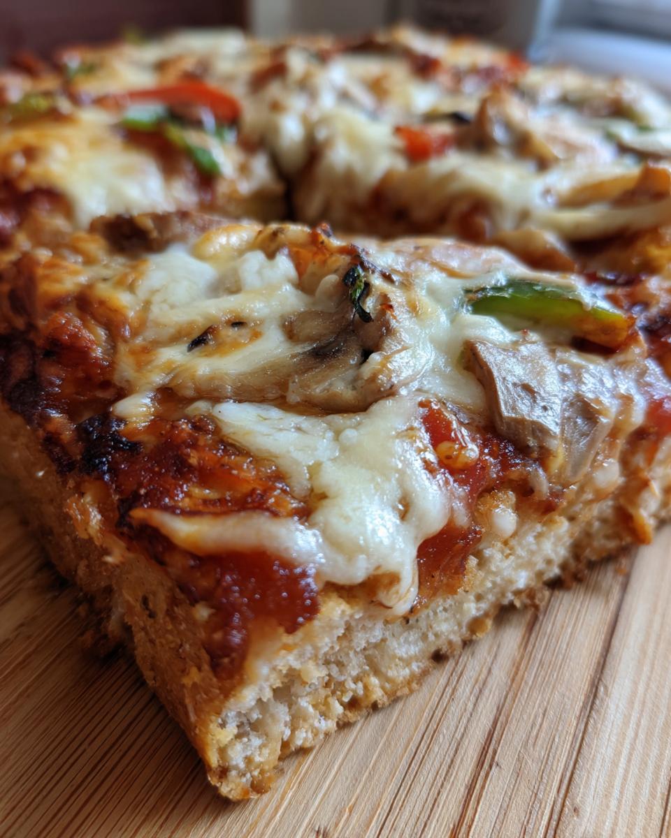 Close-up of a thick slice of pizza showing the fluffy cottage cheese pizza crust topped with melted cheese, mushrooms, and sauce.