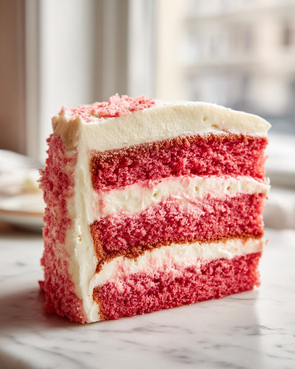 Close-up of a tall slice of vibrant pink strawberry cake with three layers and thick white frosting.