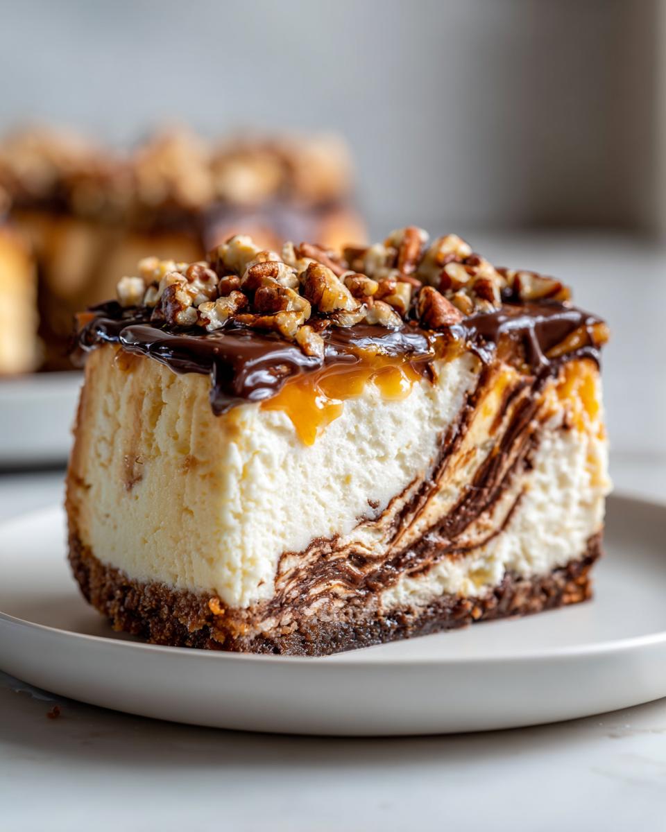 A close-up slice of rich turtle cheesecake featuring a chocolate swirl, caramel drizzle, and toasted pecans on top.