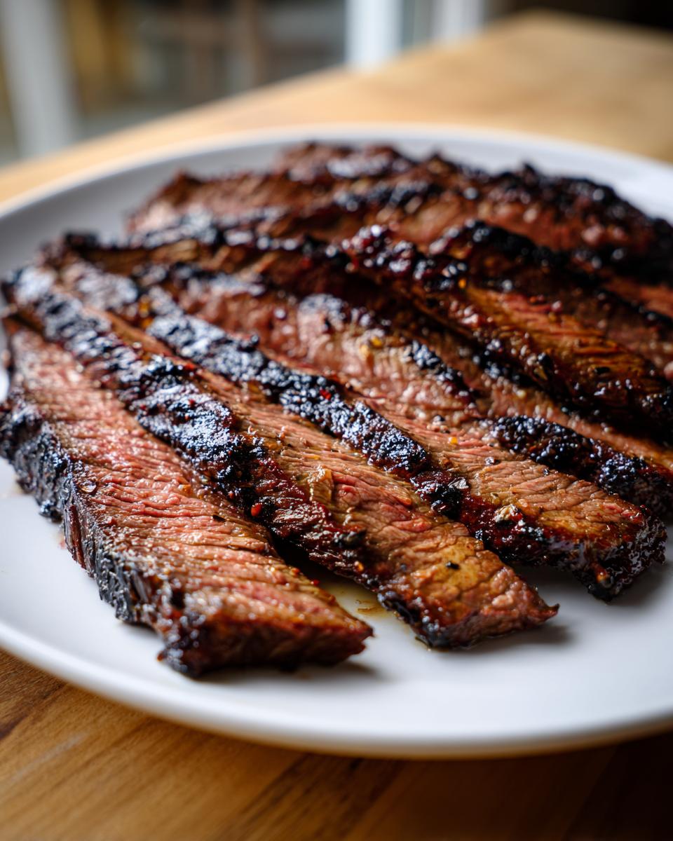 Close-up of juicy, sliced skirt steak showing a medium-rare interior and charred, seasoned exterior.