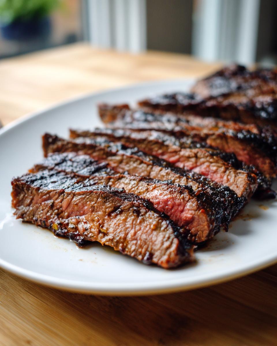 Close-up of perfectly cooked and sliced skirt steak showing a medium-rare center on a white plate.