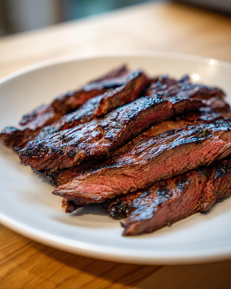 Close-up of perfectly grilled and sliced medium-rare skirt steak resting on a white plate.