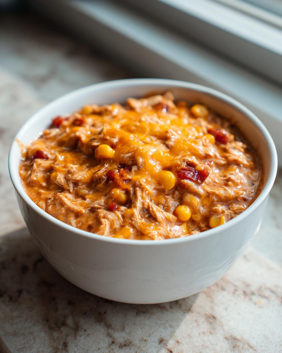 A white bowl filled with cheesy slow cooker buffalo chicken chili topped with melted cheddar and corn kernels.