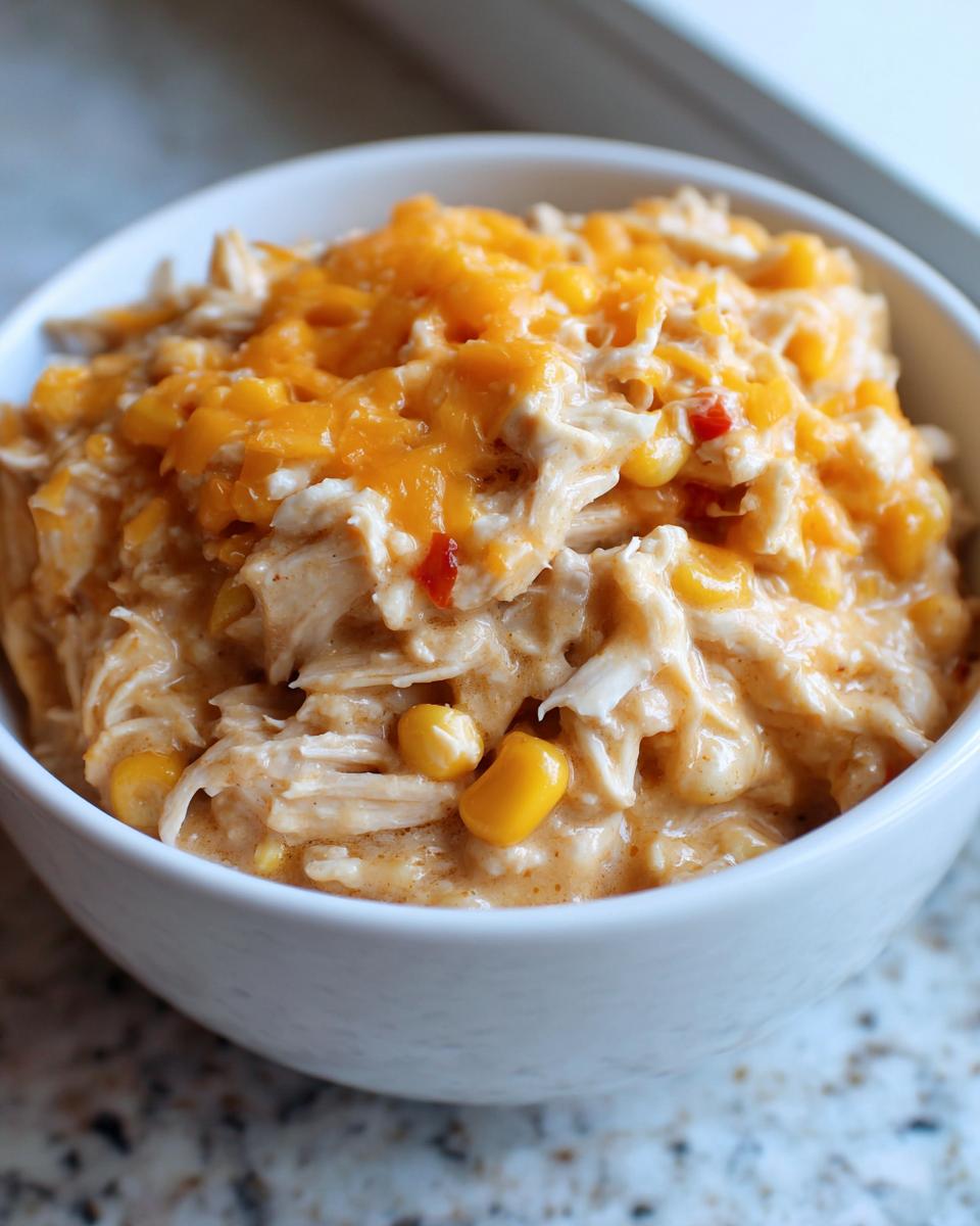 Close-up of shredded chicken and corn in a creamy sauce, topped with melted cheddar cheese, part of the slow cooker buffalo chicken chili.