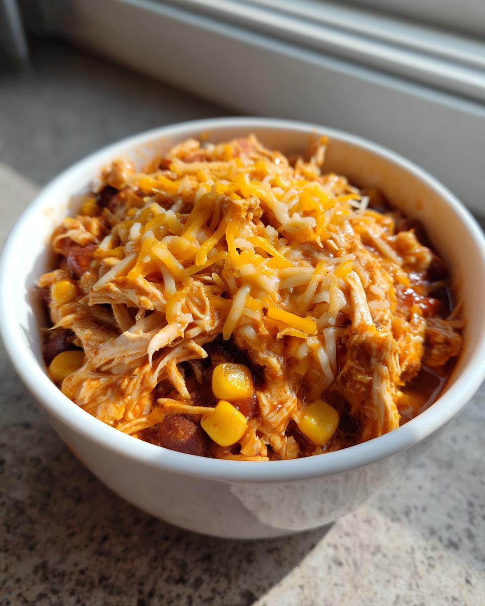 A white bowl filled with shredded chicken, corn, and beans, topped generously with shredded cheese, representing slow cooker buffalo chicken chili.