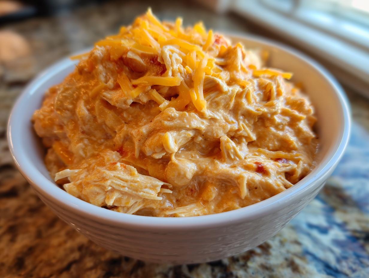 Close-up of shredded chicken in a creamy orange sauce, topped with shredded cheddar, representing slow cooker buffalo chicken chili.