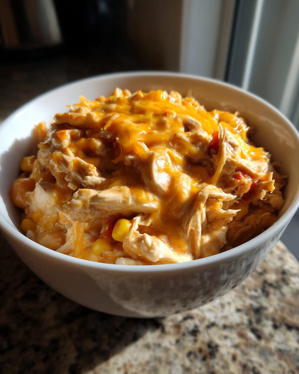 A white bowl filled with shredded chicken, corn, and melted cheddar cheese, representing slow cooker buffalo chicken chili.