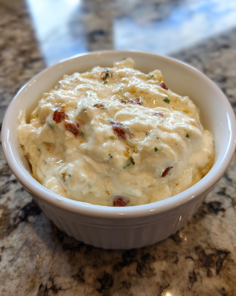 Close-up of a creamy, thick cheese dip with visible specks of red pepper and green herbs in a white bowl.