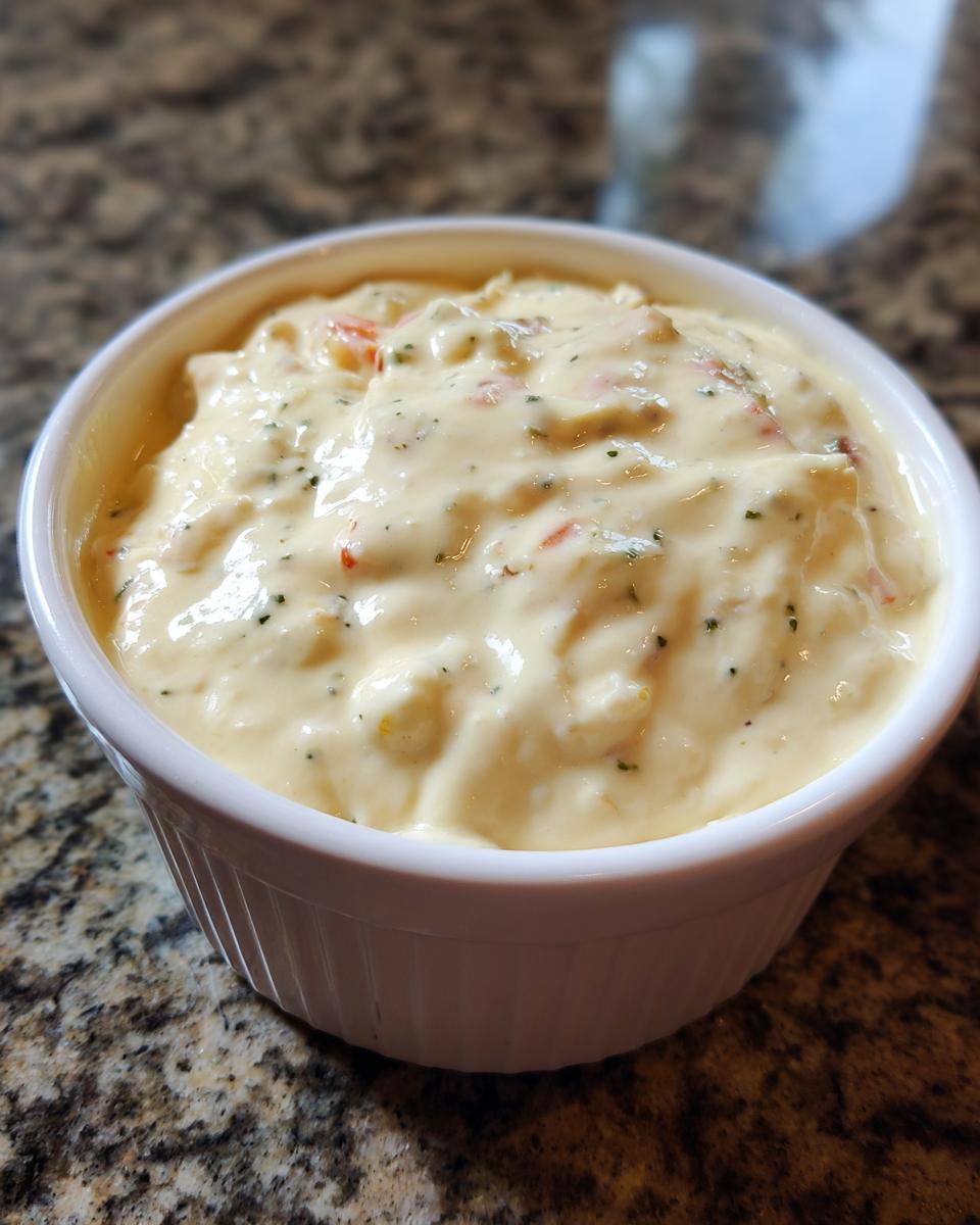 Close-up of a creamy, thick cheese dip with visible specks of red pepper and green herbs in a white ribbed bowl.