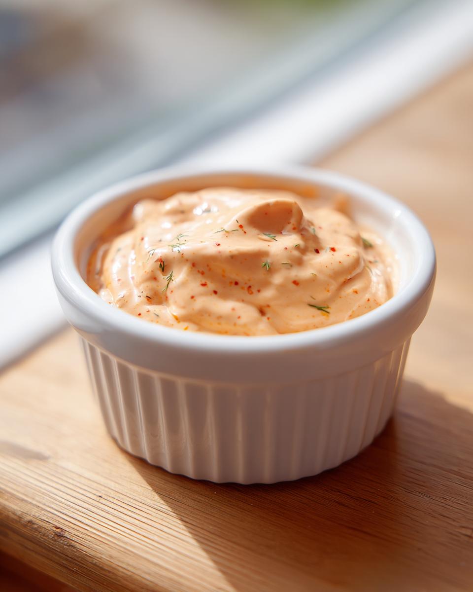 Close-up of creamy, orange-tinted smash burger sauce seasoned with herbs in a small white ramekin.