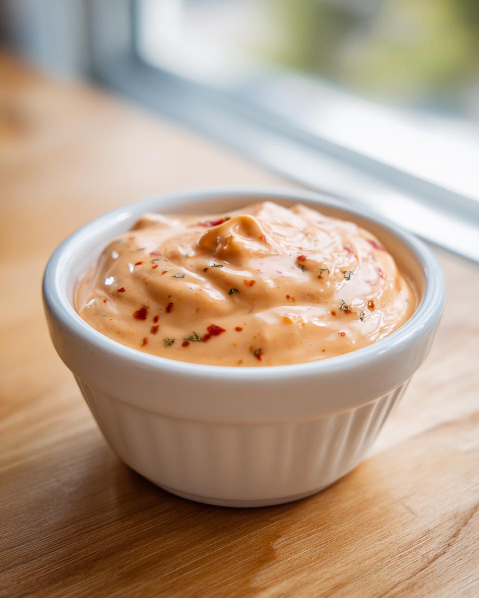 Close-up of creamy, orange-hued smash burger sauce sprinkled with red pepper flakes in a small white bowl.