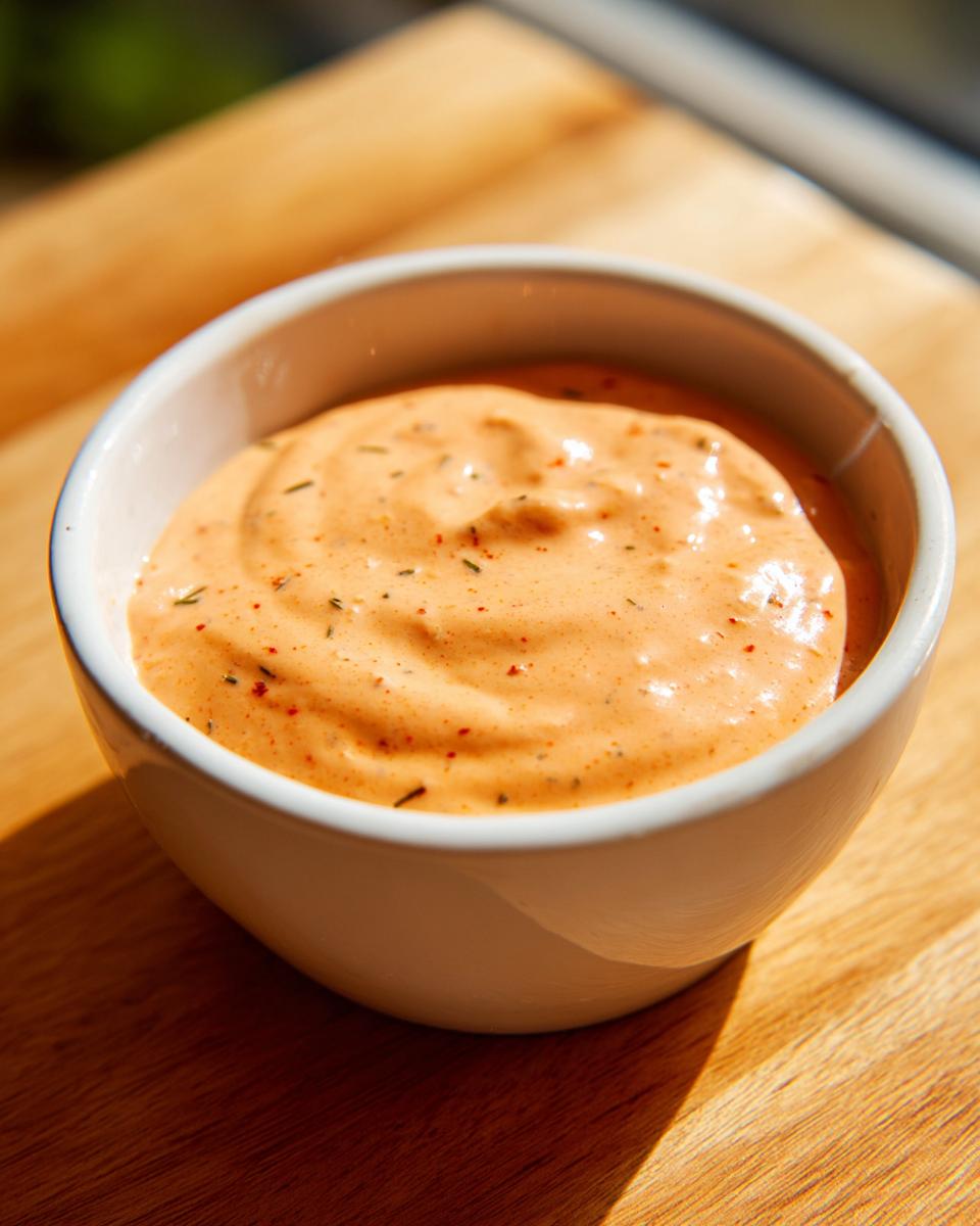 Close-up of creamy, orange-hued smash burger sauce speckled with herbs in a small white bowl.