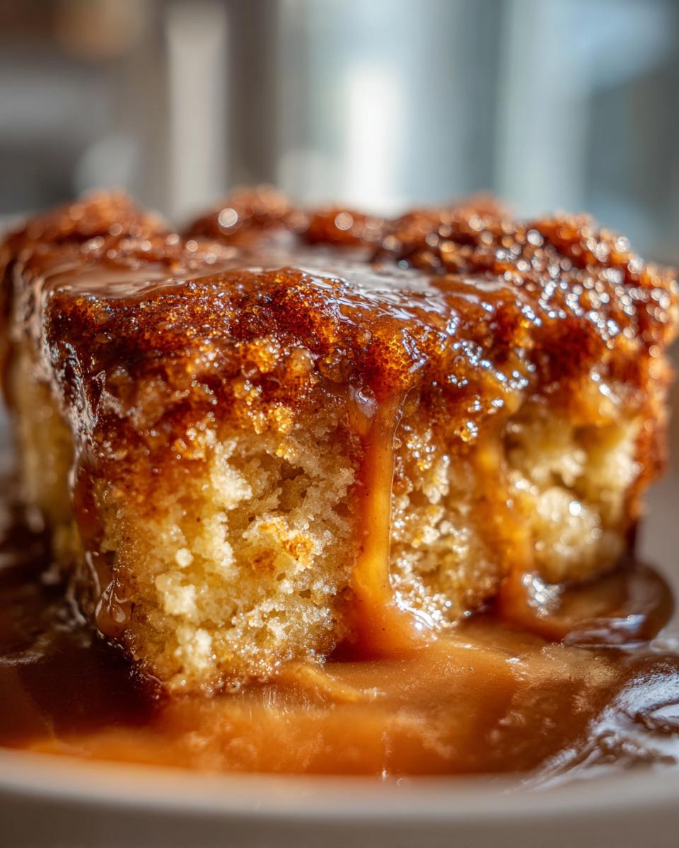 Extreme close-up of a moist slice of snickerdoodle cobbler drenched in warm caramel sauce.