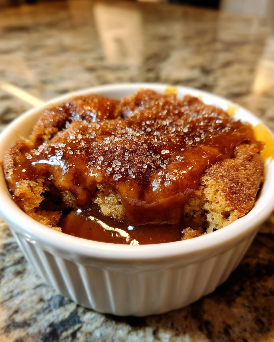 Close-up of a warm snickerdoodle cobbler topped with gooey caramel sauce and coarse sugar crystals.