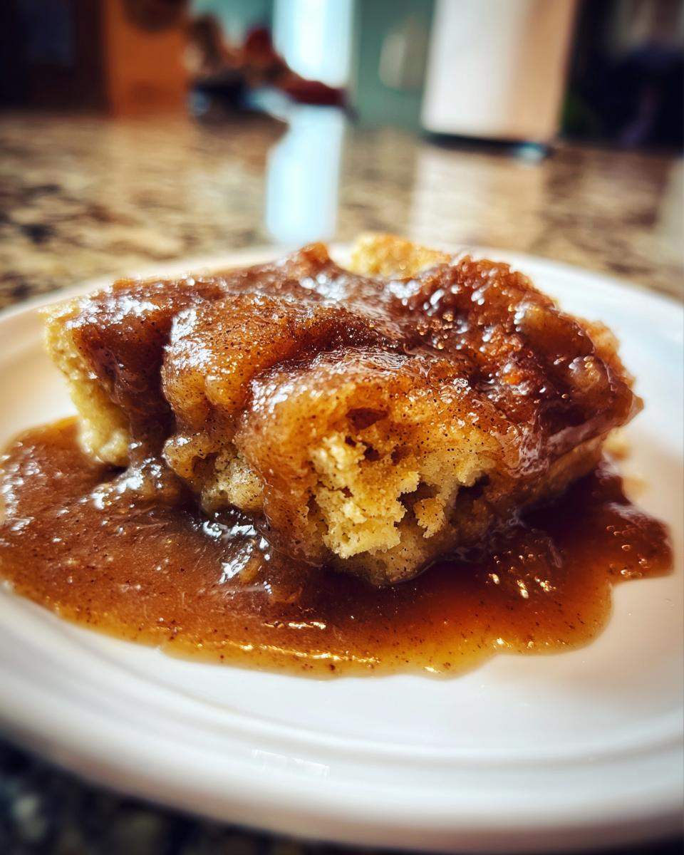 A close-up of a warm square of snickerdoodle cobbler drenched in a rich, cinnamon-sugar sauce on a white plate.