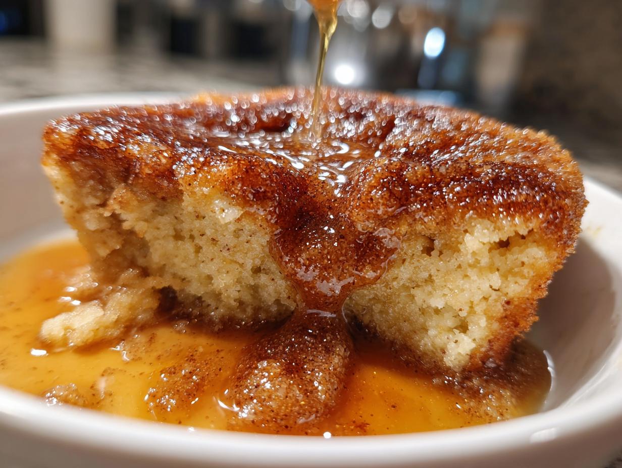 Close-up of a warm piece of snickerdoodle cobbler soaking in a sweet cinnamon sauce.