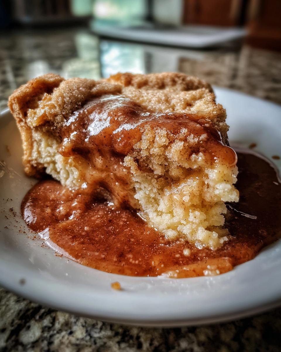 Close-up of a warm slice of snickerdoodle cobbler topped with a thick, cinnamon-spiced sauce.