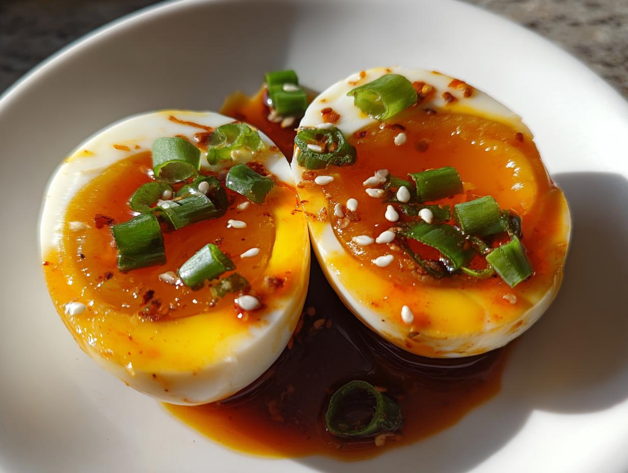 Two halves of soft-boiled marinated eggs showing jammy yolks, topped with scallions and sesame seeds.