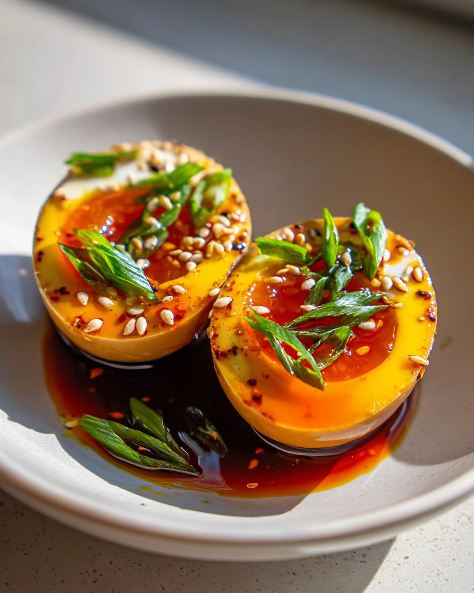 Two halves of soft-boiled marinated eggs with jammy yolks, topped with sesame seeds and green onions.