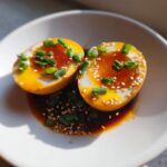 Two halves of soft-boiled marinated eggs with runny yolks, garnished with sesame seeds and green onions.