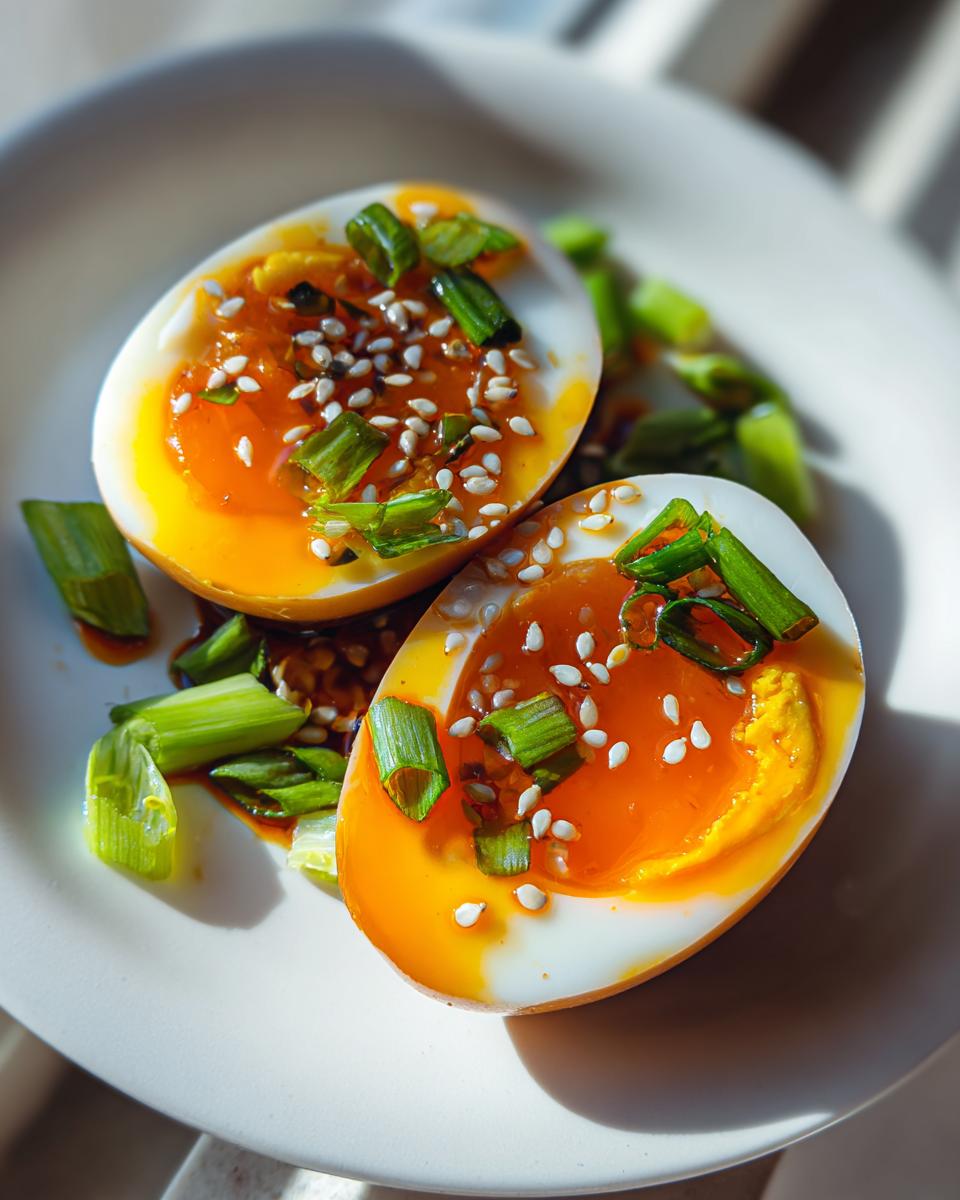 Two halves of soft-boiled marinated eggs with jammy yolks, topped with sesame seeds and green onions.