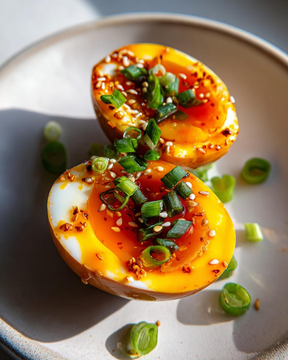 Two halves of perfectly soft-boiled marinated eggs showing jammy yolks, topped with scallions and sesame seeds.