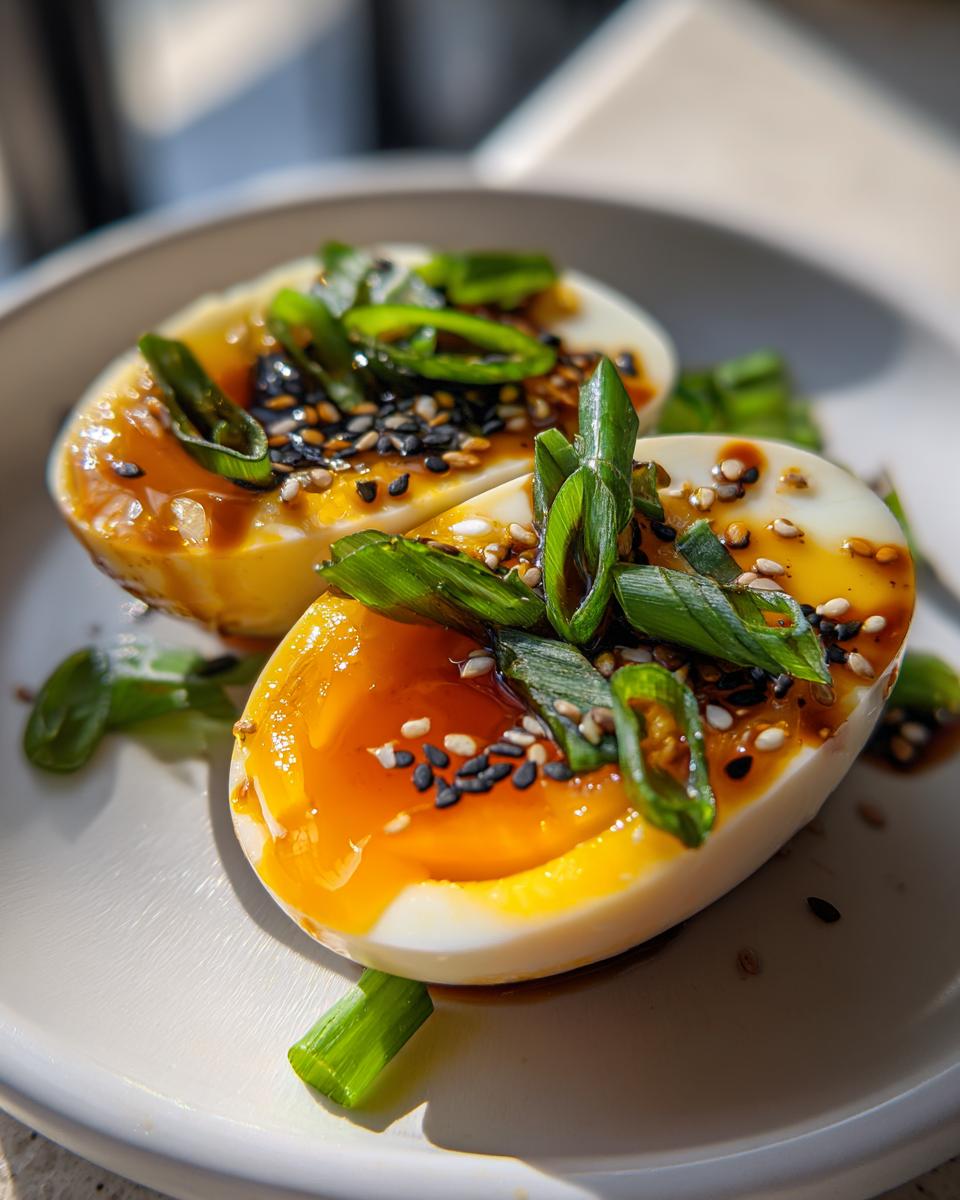 Two halves of soft-boiled marinated eggs with runny yolks, topped with sesame seeds and green onions.