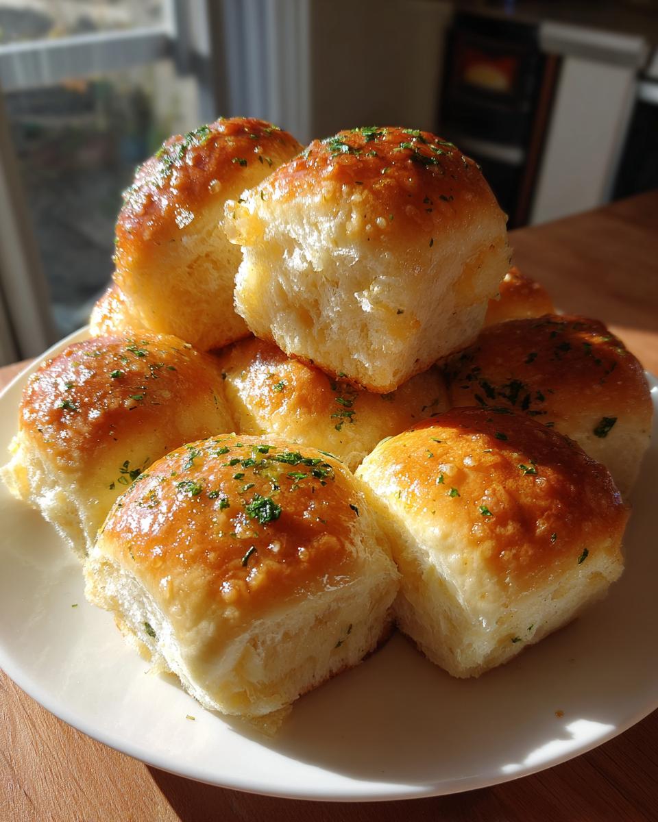 A pile of soft, buttery rolls brushed with a shiny glaze and topped with chopped parsley.