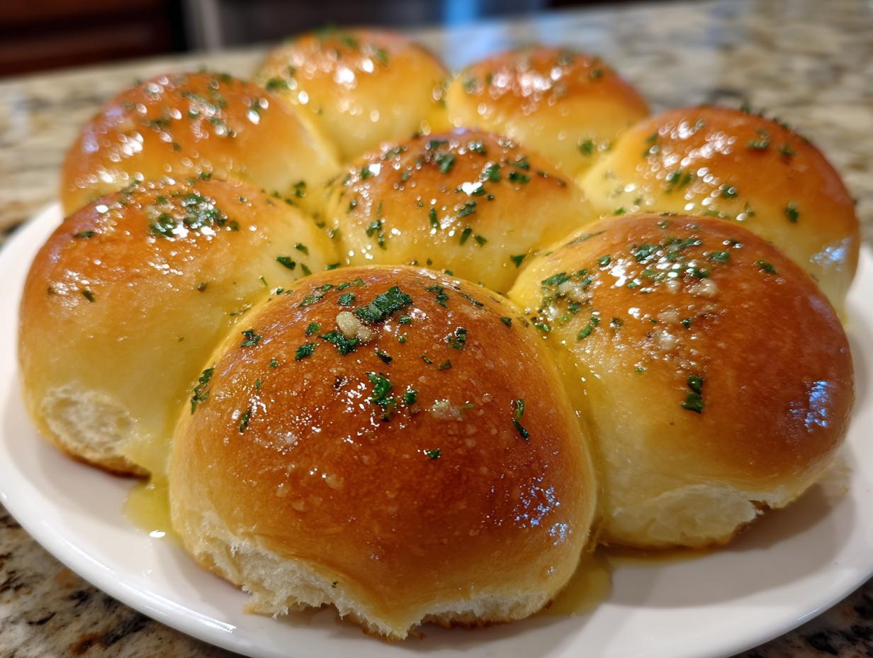 A cluster of soft, golden brown buttery rolls glistening with melted butter, garlic, and chopped parsley.