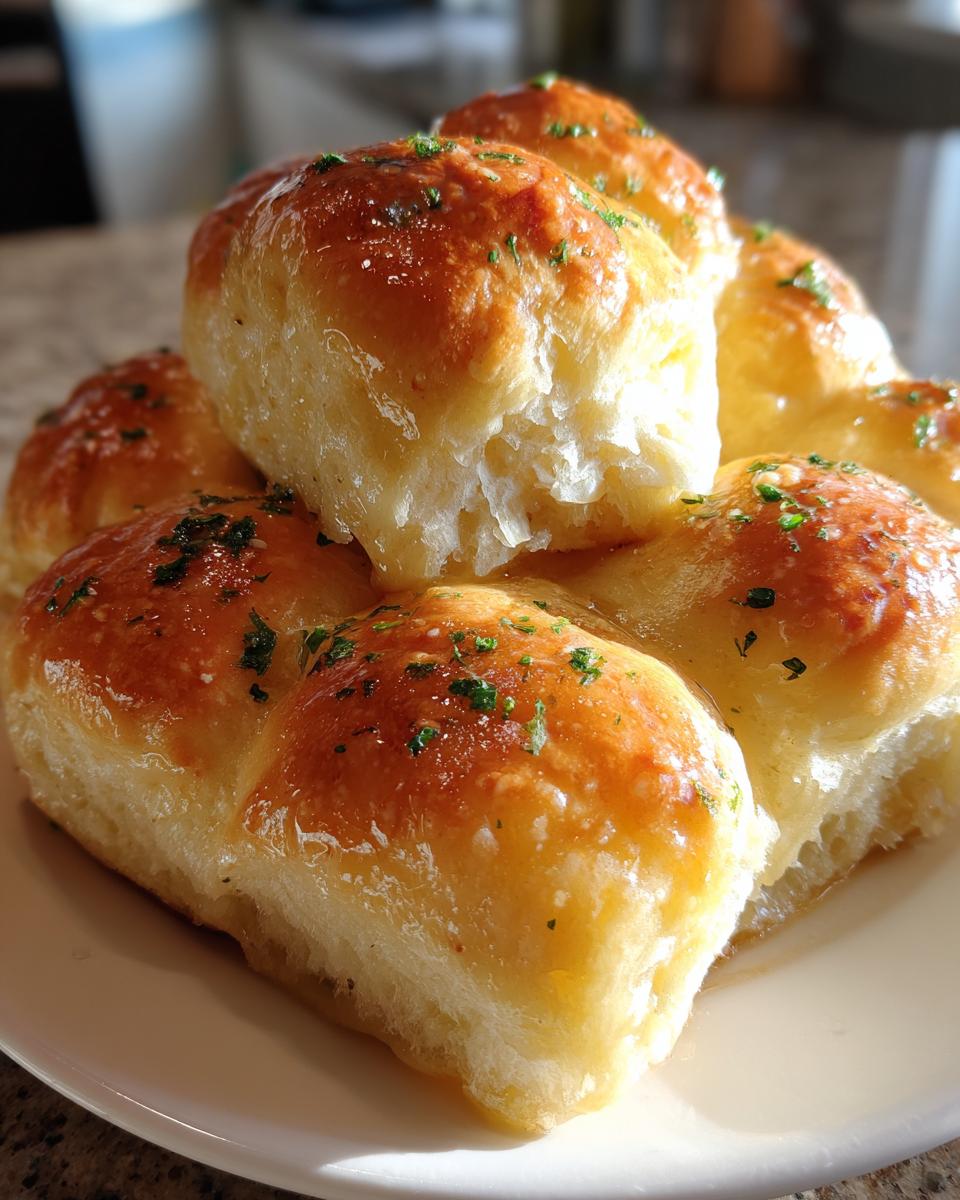 A stack of golden brown, soft buttery rolls brushed with garlic butter and sprinkled with parsley.