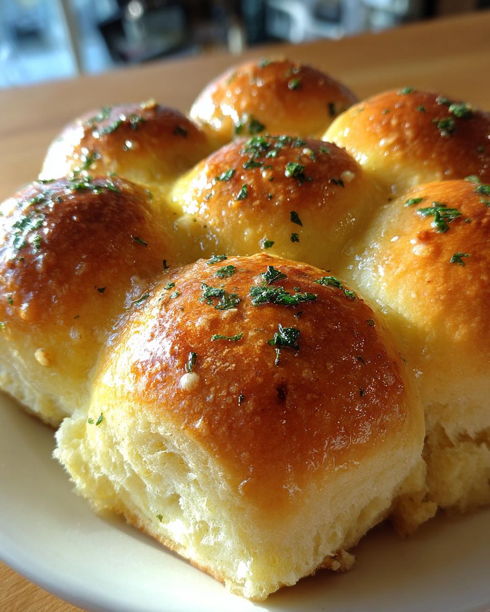 Close-up of several golden brown, soft buttery rolls brushed with a shiny glaze and sprinkled with parsley.