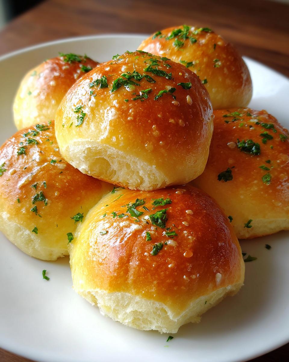 Close-up of golden brown, buttery rolls stacked on a white plate, glistening and topped with chopped parsley.
