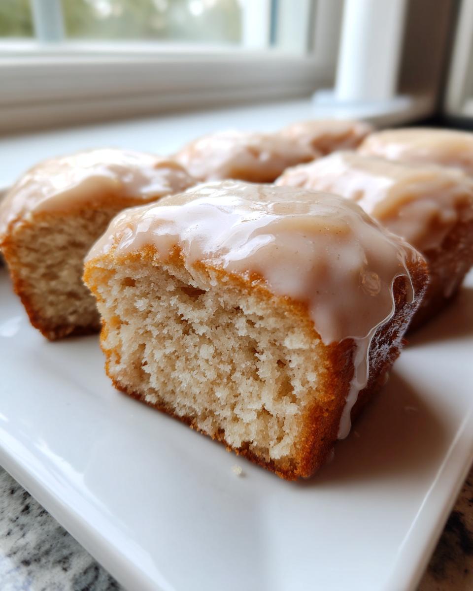 A close-up shot showing the soft, cakey interior of one of the maple donut bars, topped with a thick, dripping maple glaze.