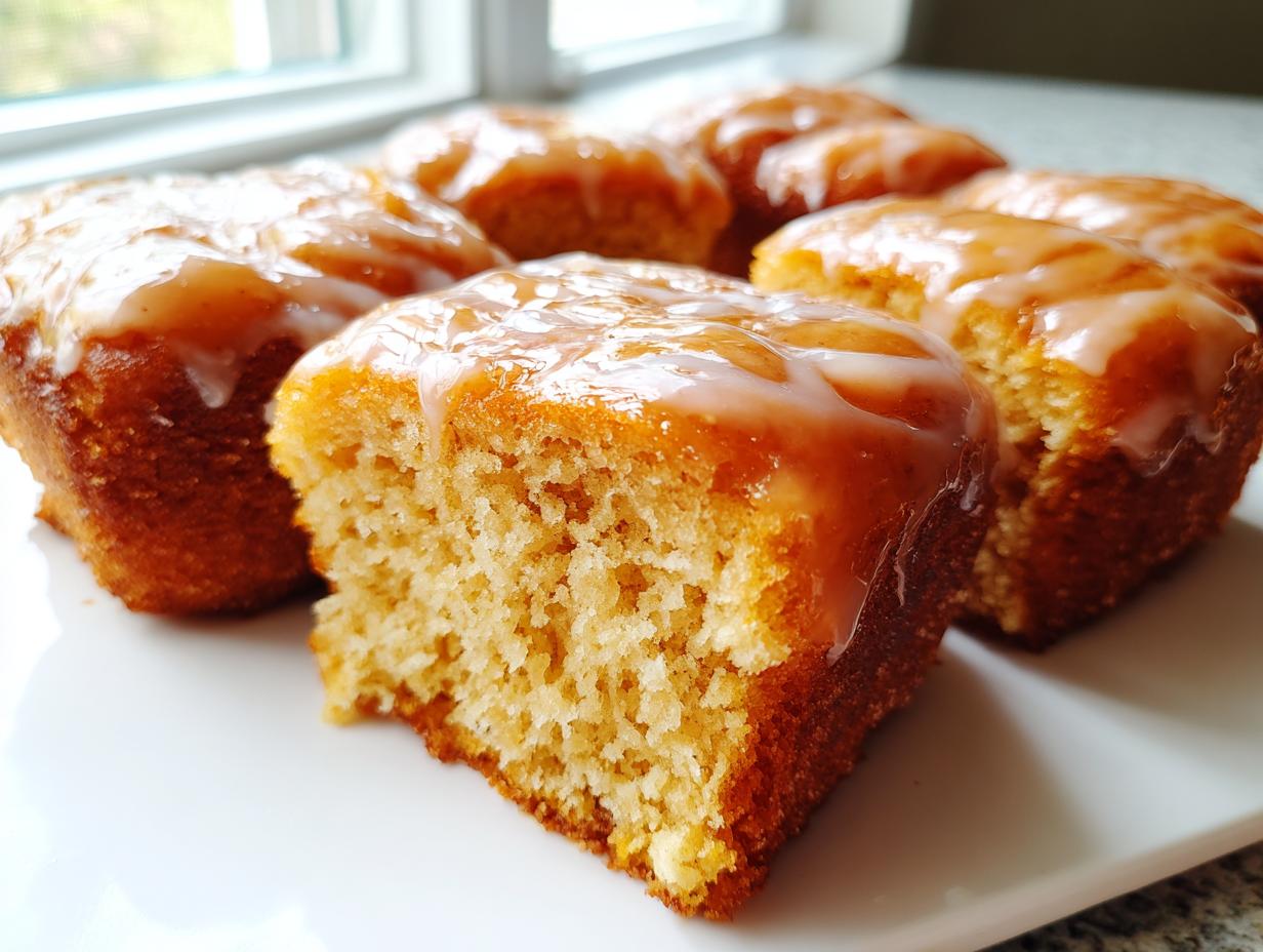 Close-up of soft maple donut bars, one cut open showing the crumb texture, topped with maple glaze.