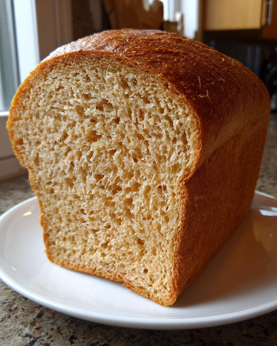 Close-up of a freshly baked whole wheat bread loaf, showing its soft, uniform crumb texture.