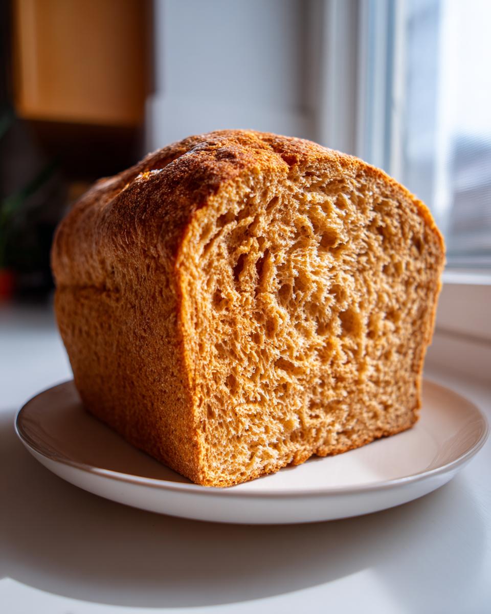 A close-up of a freshly baked, soft whole wheat bread loaf, showing the rich brown crumb texture.