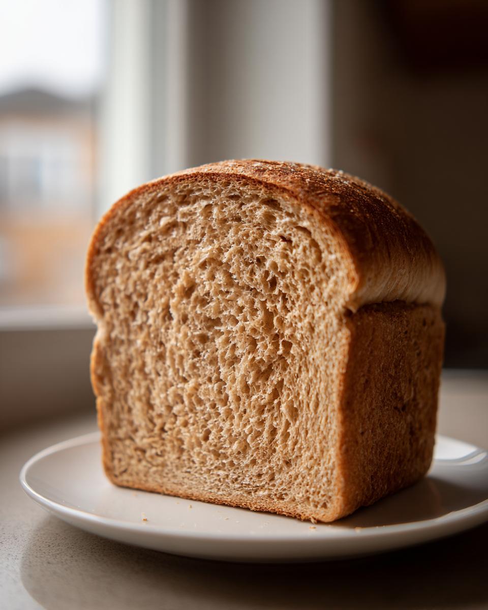 A close-up of a freshly baked slice of soft whole wheat bread sitting on a white plate.