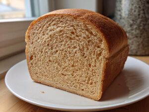 Close-up of a thick slice of soft whole wheat bread showing the fine crumb structure on a white plate.