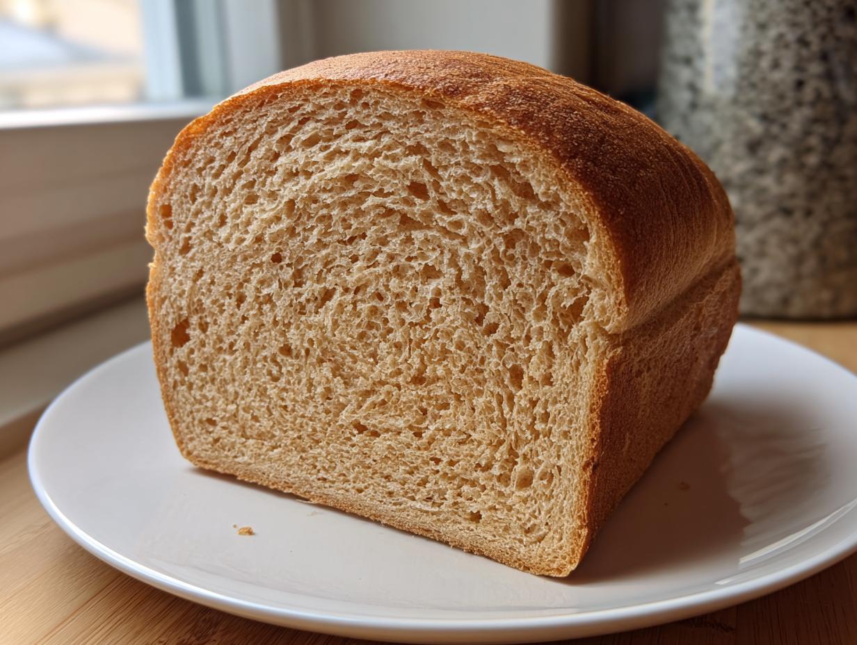 Close-up of a thick slice of soft whole wheat bread showing the fine crumb structure on a white plate.