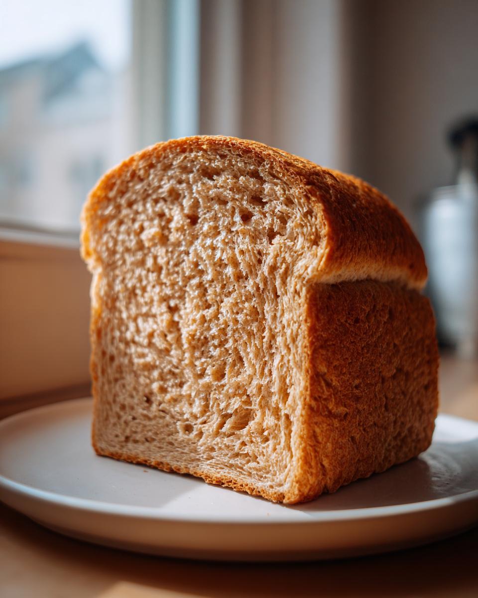 Close-up of a thick, soft slice of homemade whole wheat bread resting on a white plate.