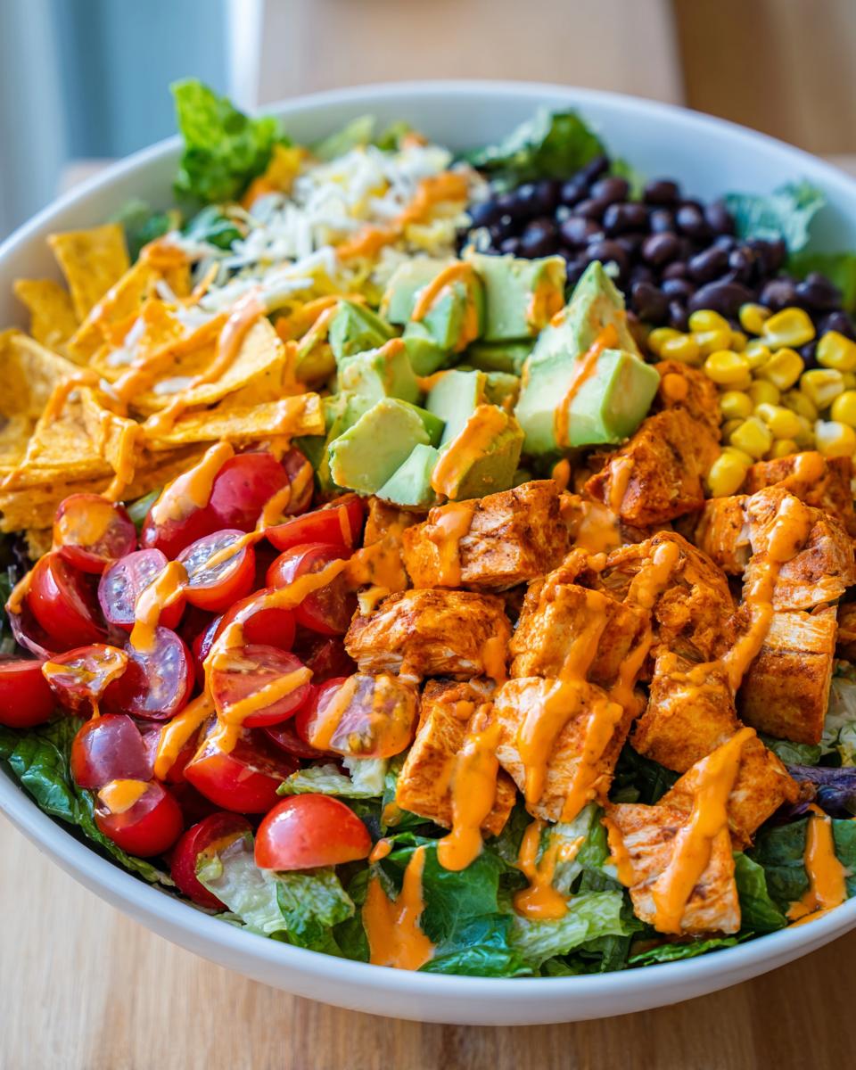 Close-up of a vibrant southwest salad featuring seasoned chicken, avocado, black beans, corn, tomatoes, and tortilla chips.