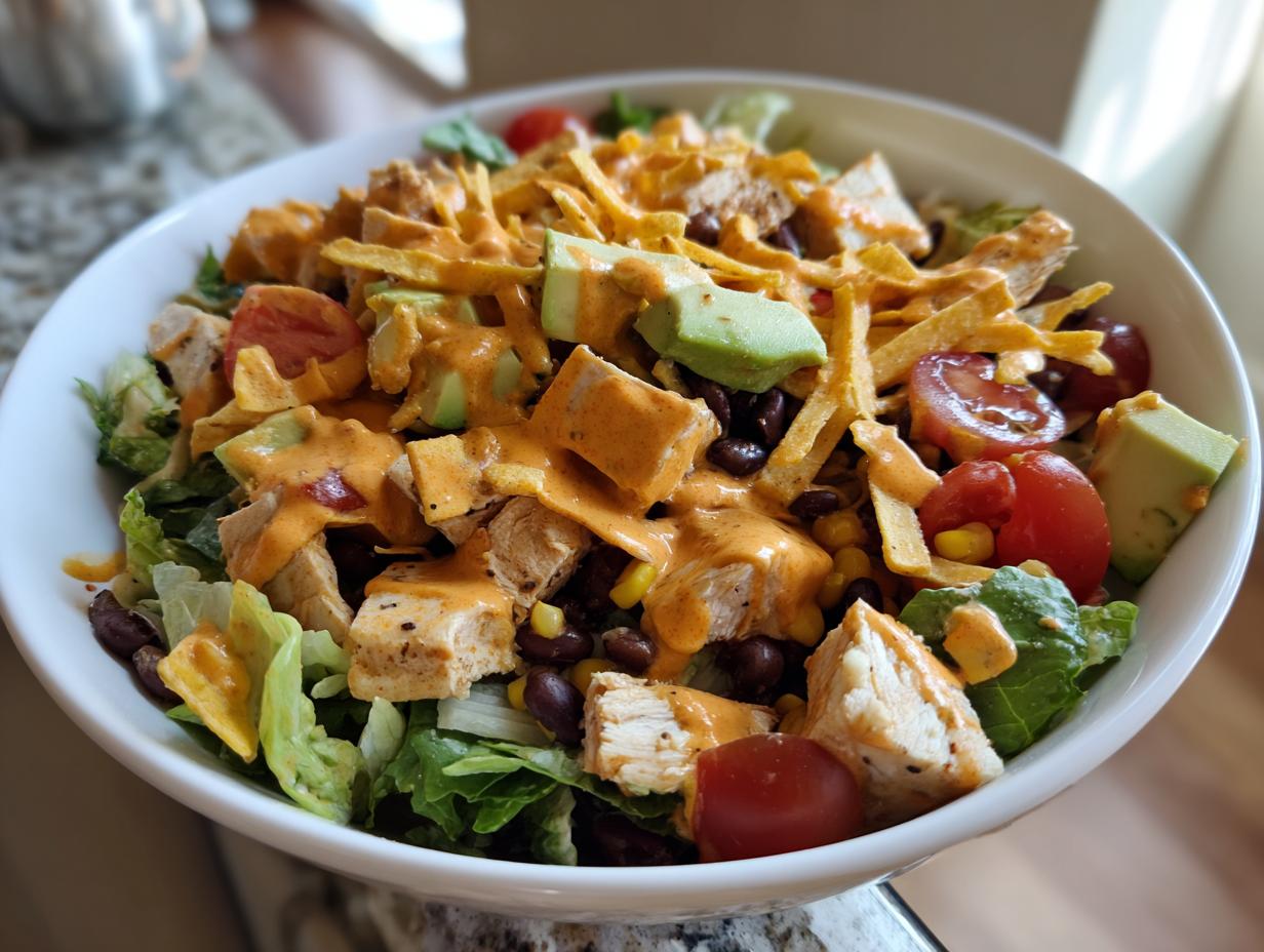 A close-up view of a hearty southwest salad bowl topped with chicken, avocado, tomatoes, and creamy orange dressing.
