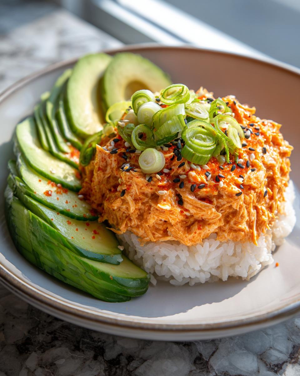 A vibrant spicy crab sushi bowl featuring a mound of orange spicy crab salad over white rice, garnished with scallions and sesame seeds, served with sliced avocado.