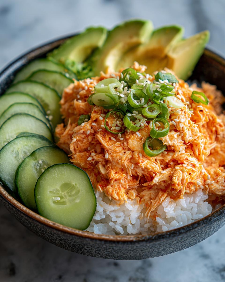 Close-up of a spicy crab sushi bowl featuring shredded spicy crab mix over rice, garnished with sliced cucumber, avocado, and scallions.