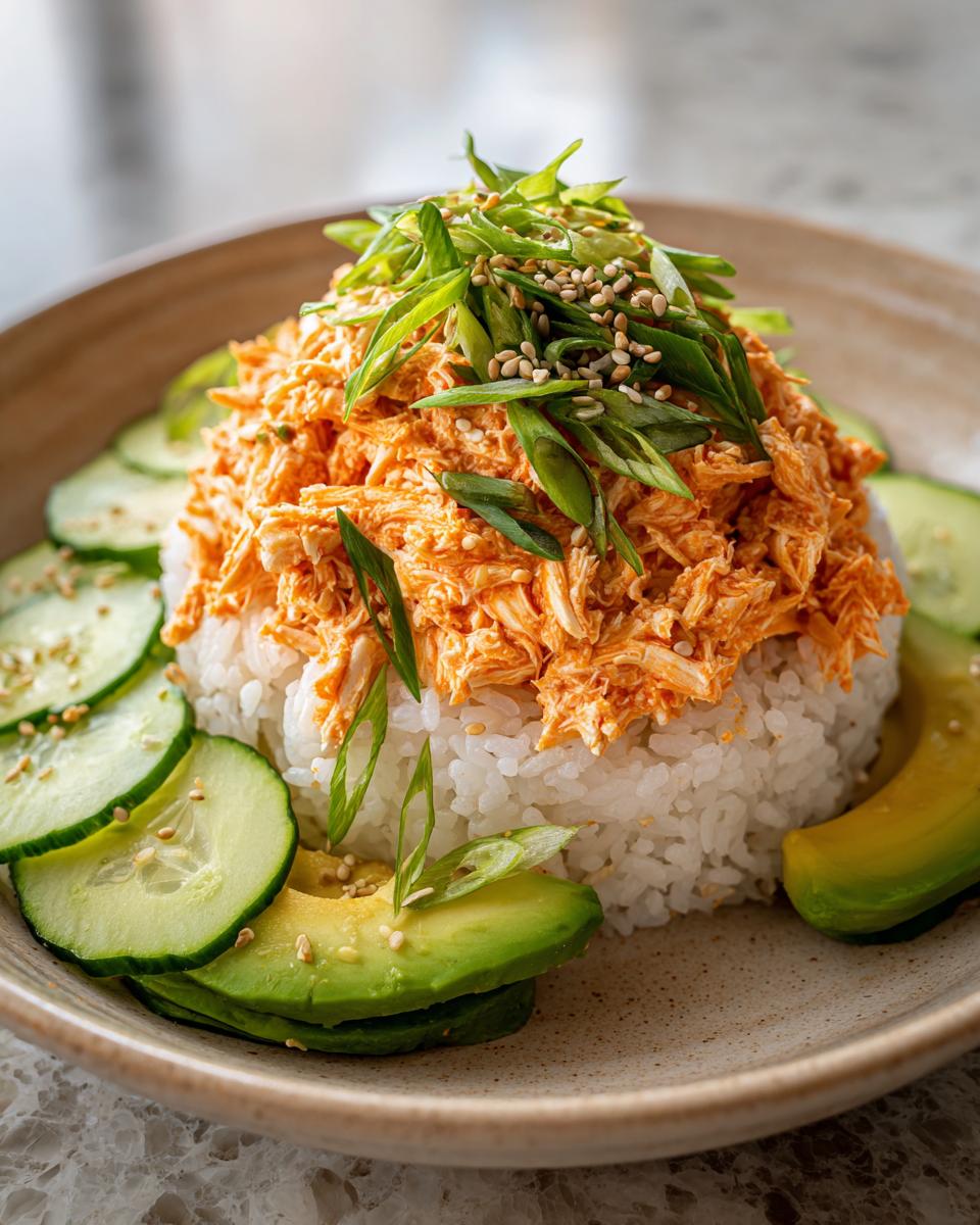 A close-up of a spicy crab sushi bowl featuring shredded spicy crab mix over rice, garnished with green onions and sesame seeds.