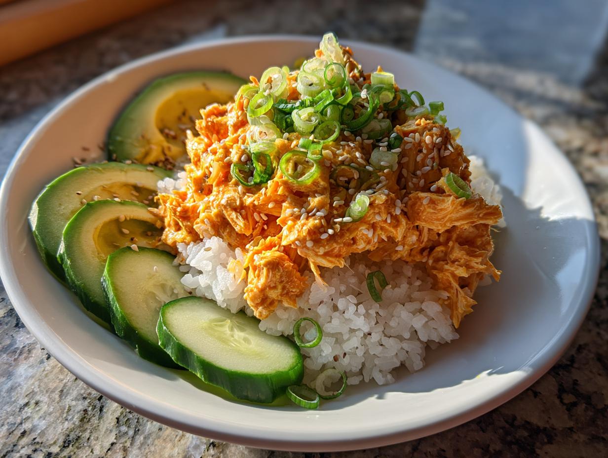 A close-up of a spicy crab sushi bowl featuring seasoned crab mix over rice, garnished with sesame seeds, green onions, avocado, and cucumber slices.