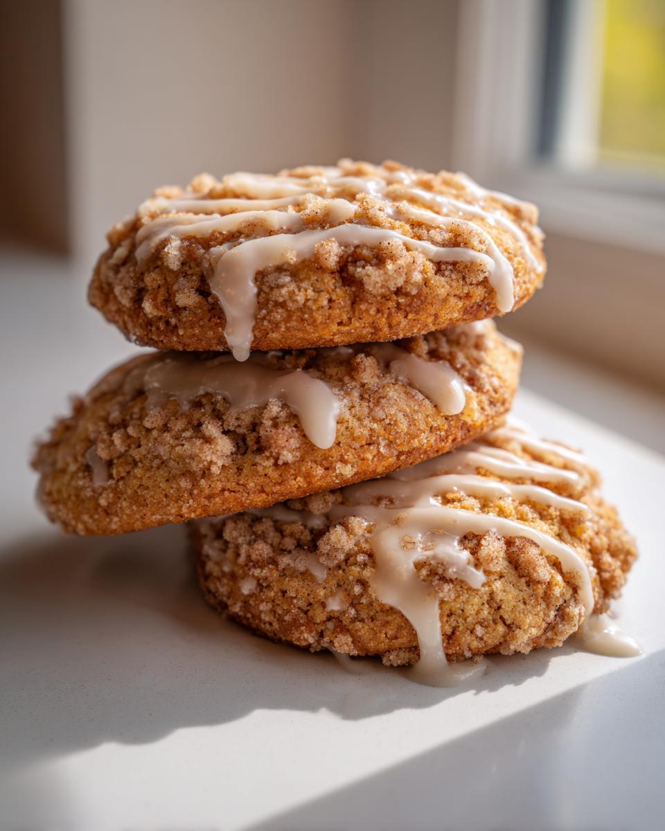 Three stacked coffee cake cookies topped with cinnamon streusel and a vanilla glaze drizzle.