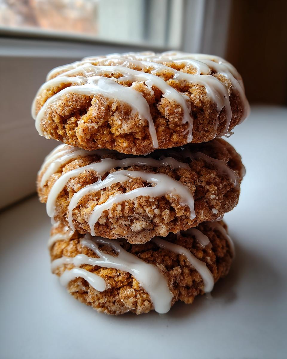 A vertical stack of three moist coffee cake cookies topped with a sweet white vanilla glaze drizzle.