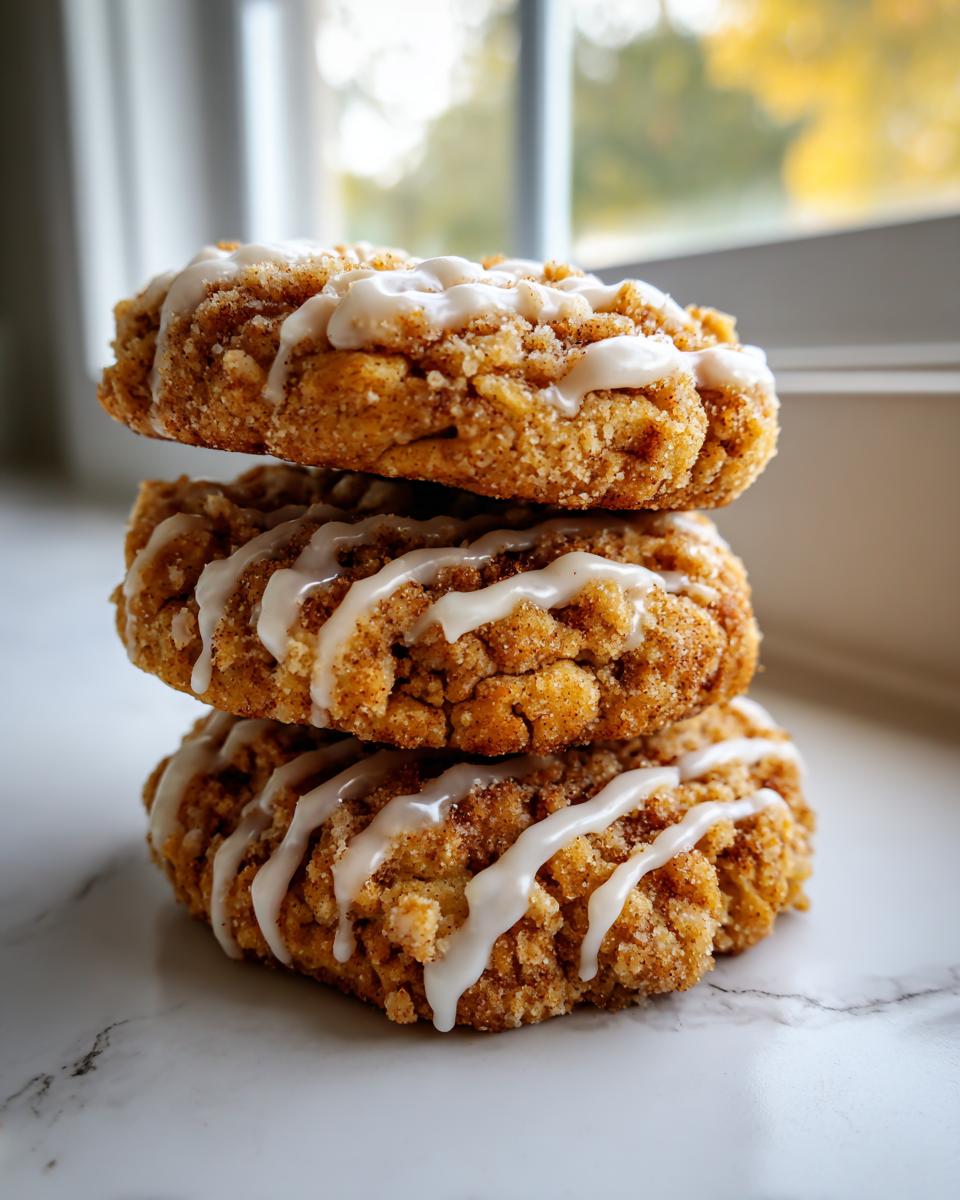 Three stacked coffee cake cookies featuring a crumb topping and drizzled with white vanilla glaze.
