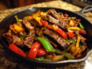 Close-up of sizzling steak fajita strips mixed with colorful bell peppers and onions in a black cast iron skillet.
